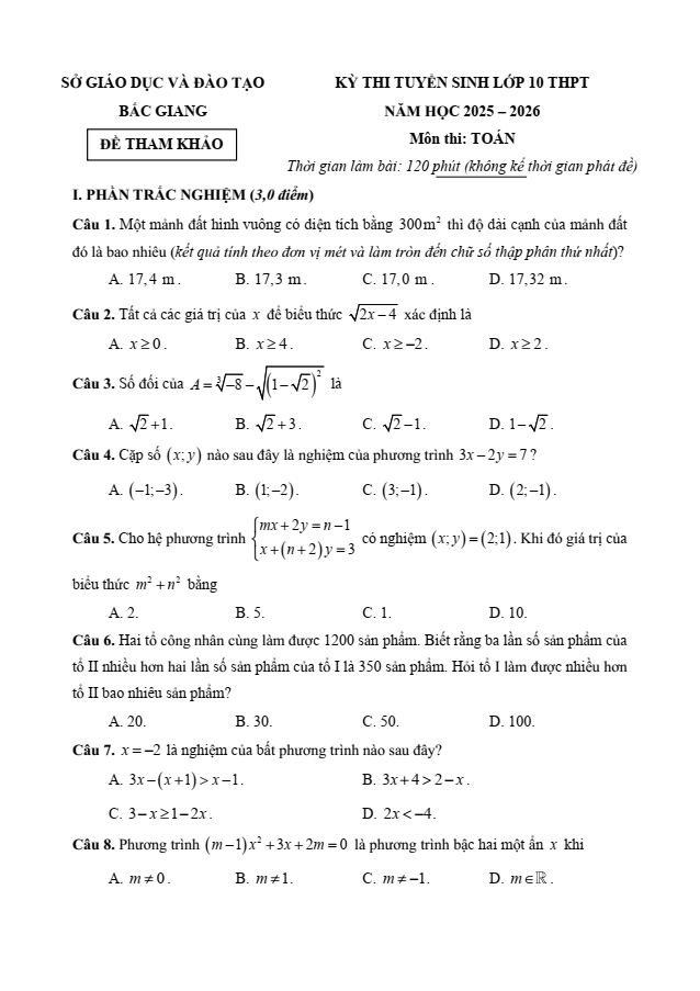 Đề thi thử Toán vào lớp 10 năm 2025 Sở GD&ĐT Bắc Giang