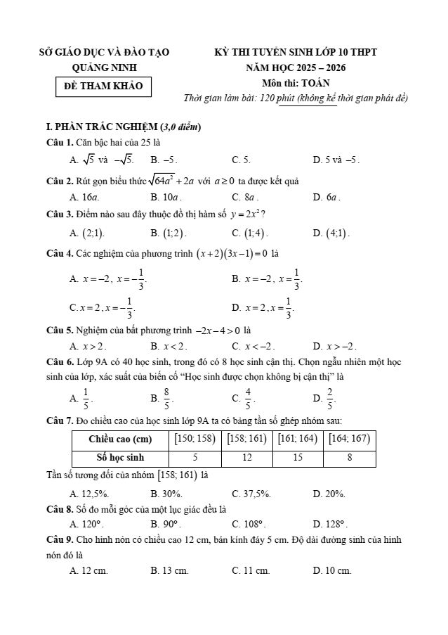 Đề thi thử Toán vào lớp 10 năm 2025 Sở GD&ĐT Quảng Ninh