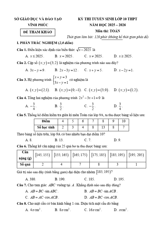 Đề thi thử Toán vào lớp 10 năm 2025 Sở GD&ĐT Vĩnh Phúc
