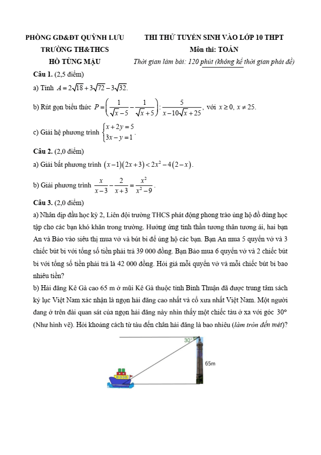 Đề thi thử Toán vào lớp 10 năm 2025 trường TH&THCS Hồ Tùng Mậu