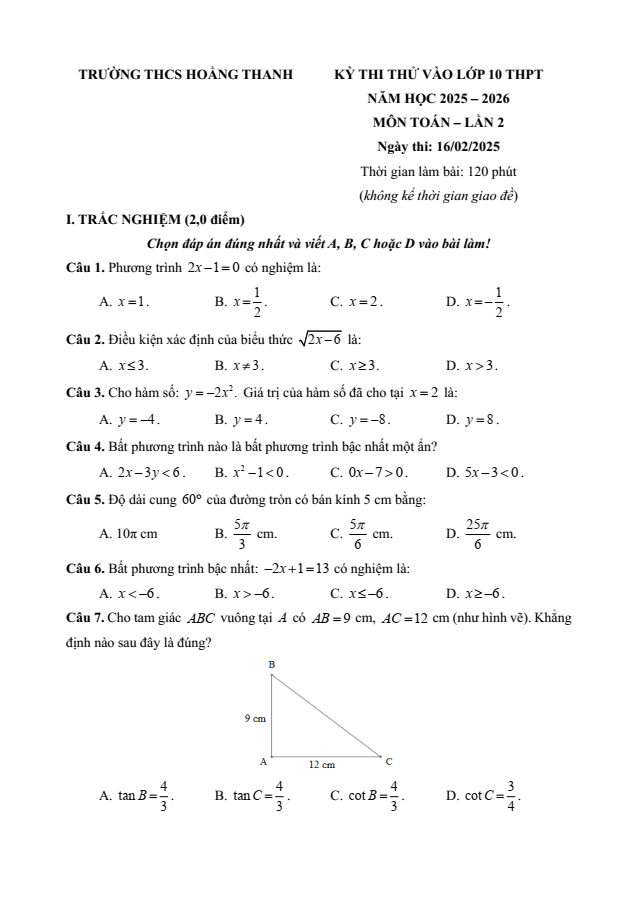 Đề thi thử Toán vào lớp 10 năm 2025 trường THCS Hoằng Thanh