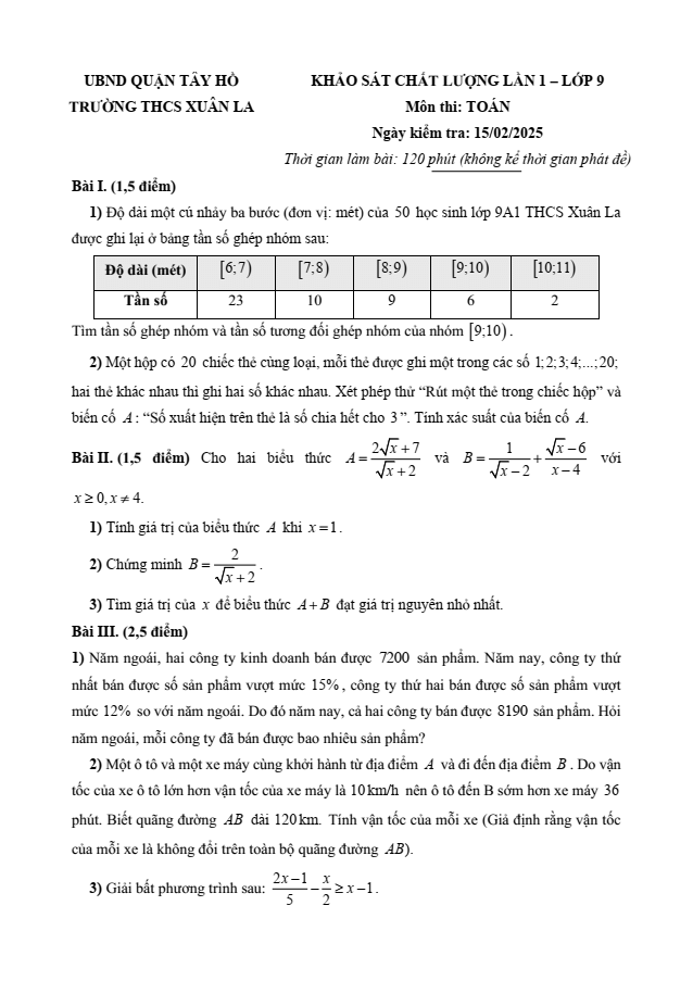 Đề thi thử Toán vào lớp 10 năm 2025 trường THCS Xuân La