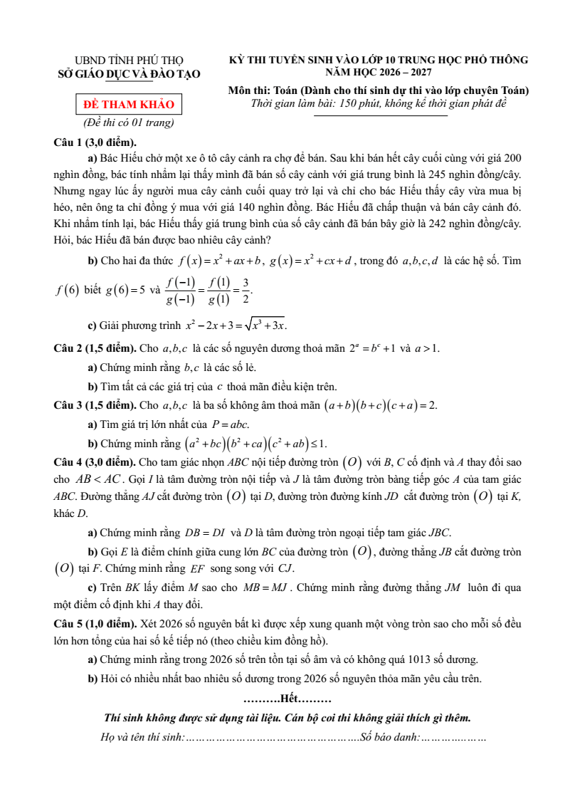 Đề thi thử Toán vào lớp 10 năm 2026 Sở GD&ĐT Phú Thọ (Chuyên)