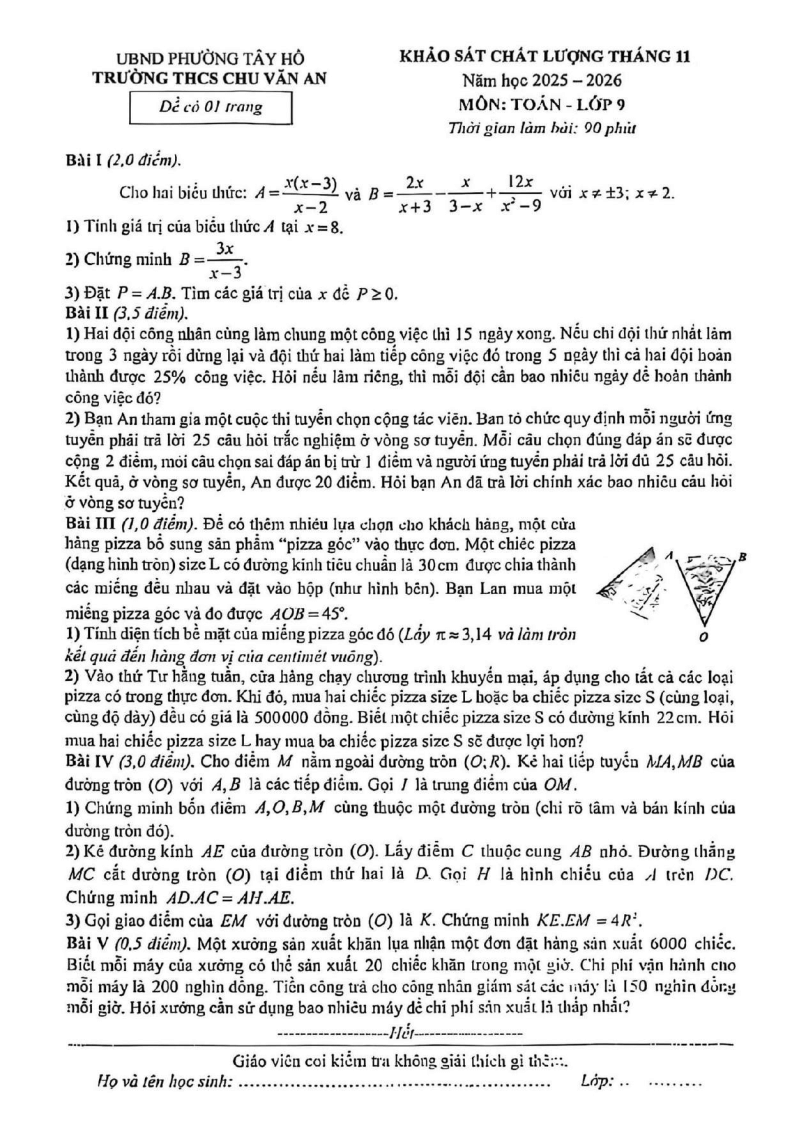 Đề thi thử Toán vào lớp 10 năm 2026 trường THCS Chu Văn An