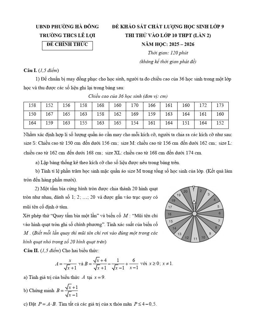 Đề thi thử Toán vào lớp 10 năm 2026 trường THCS Lê Lợi