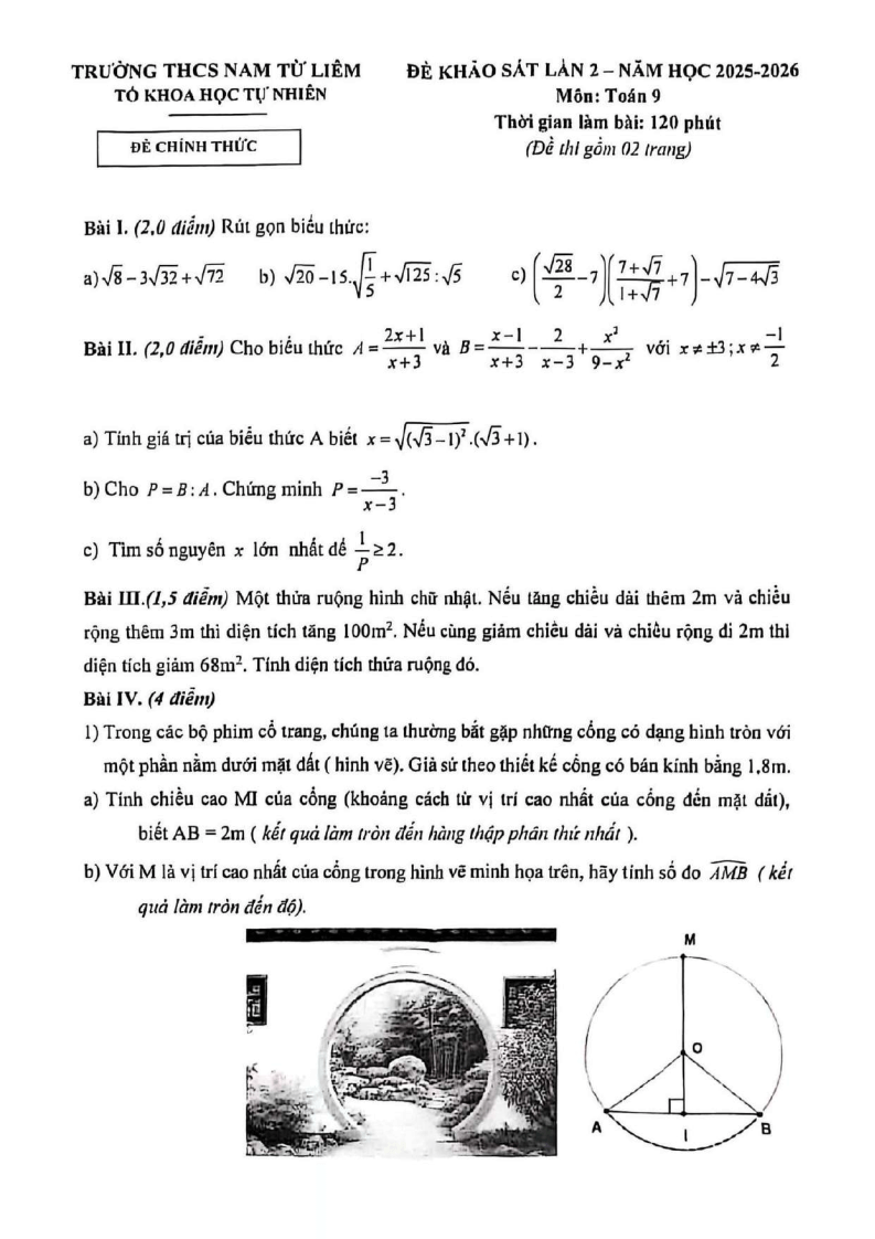 Đề thi thử Toán vào lớp 10 năm 2026 trường THCS Nam Từ Liêm