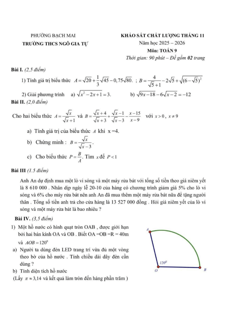 Đề thi thử Toán vào lớp 10 năm 2026 trường THCS Ngô Gia Tự