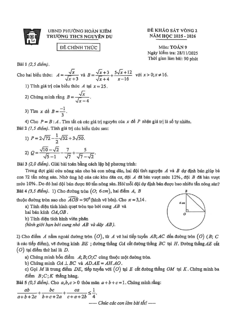 Đề thi thử Toán vào lớp 10 năm 2026 trường THCS Nguyễn Du