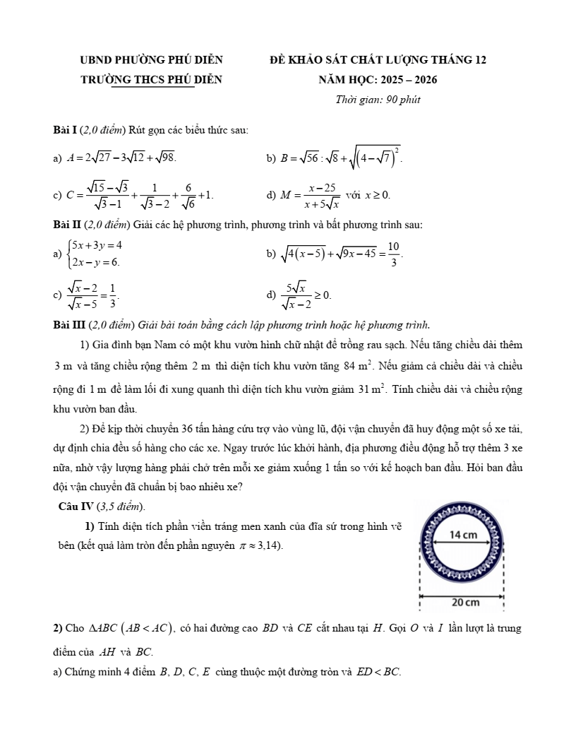 Đề thi thử Toán vào lớp 10 năm 2026 trường THCS Phú Diễn