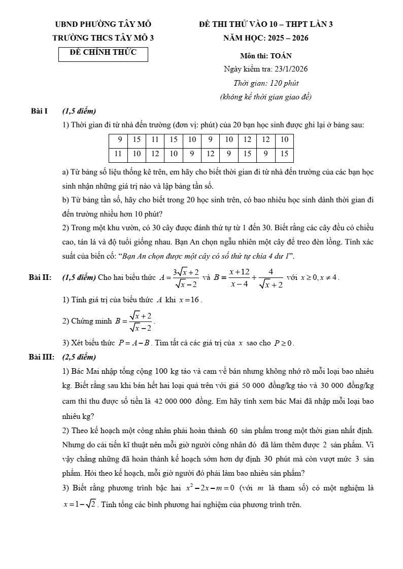 Đề thi thử Toán vào lớp 10 năm 2025-2026 trường THCS Tây Mỗ 3 (Hà Nội)