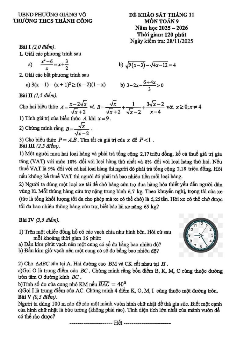 Đề thi thử Toán vào lớp 10 năm 2026 trường THCS Thành Công