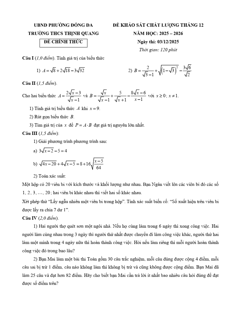 Đề thi thử Toán vào lớp 10 năm 2026 trường THCS Thịnh Quang