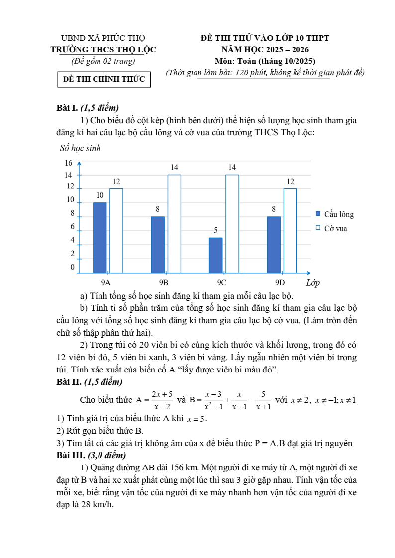 Đề thi thử Toán vào lớp 10 năm 2026 Trường THCS Thọ Lộc
