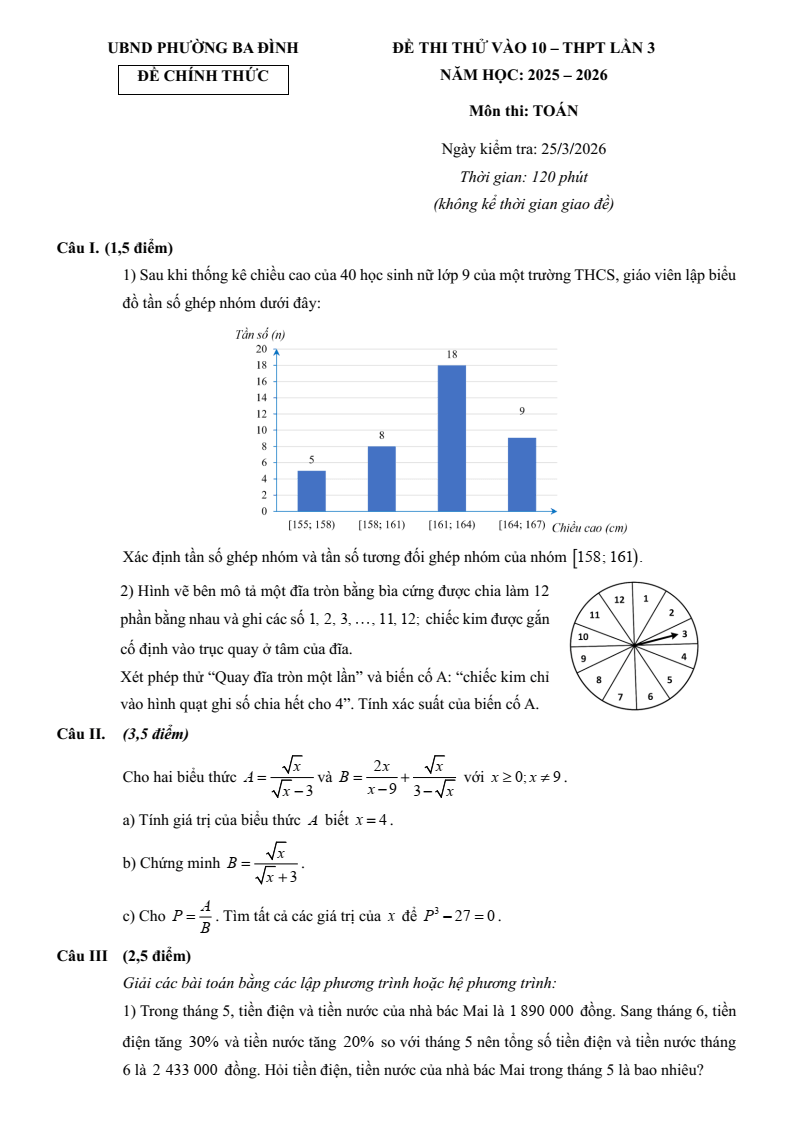 Đề thi thử Toán vào lớp 10 năm 2025-2026 UBND Phường Ba Đình (Hà Nội)