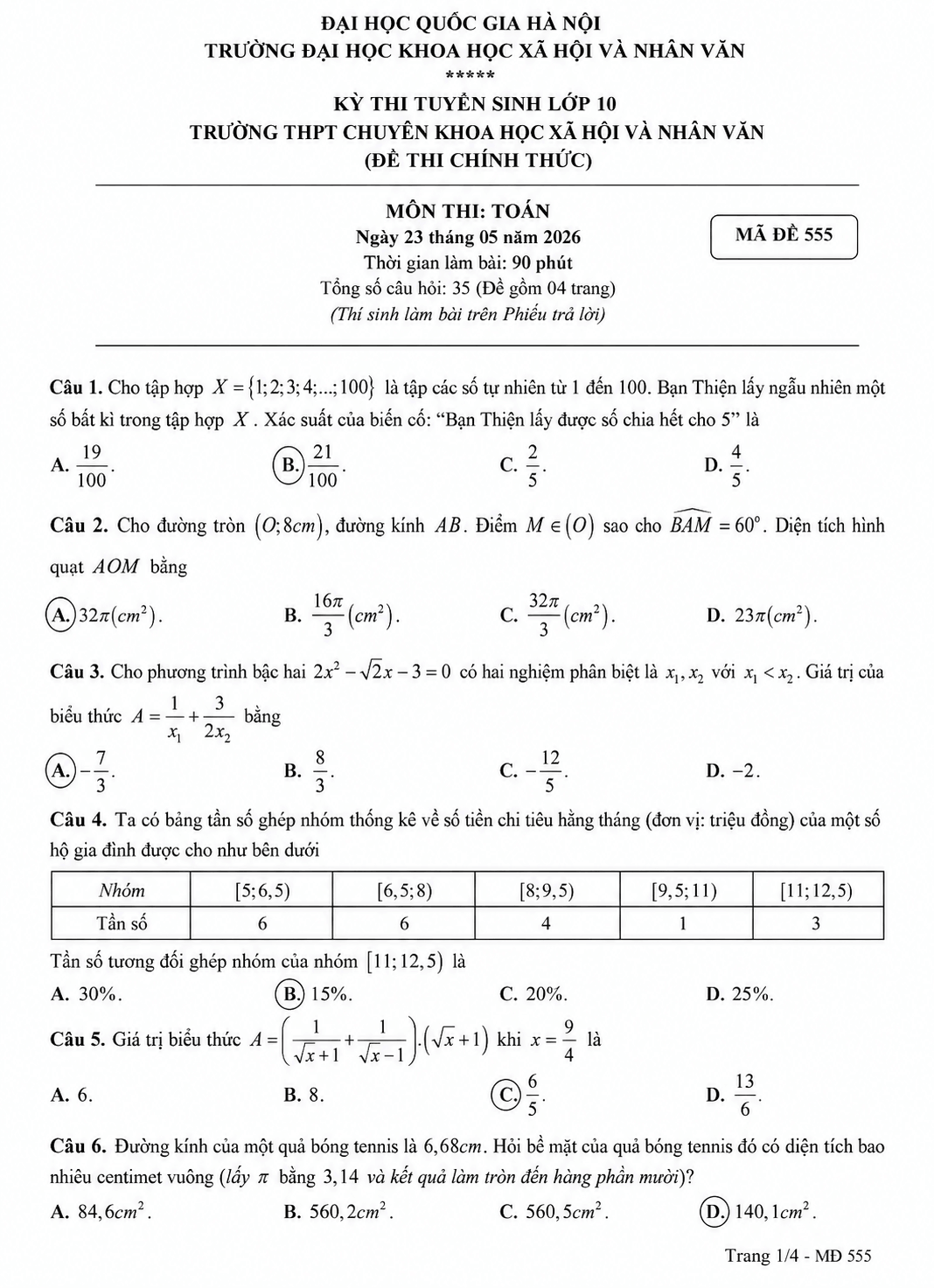 Đề thi tuyển sinh Toán (chung) vào lớp 10 trường THPT Chuyên Khoa học xã hội và nhân văn (Hà Nội) năm 2026