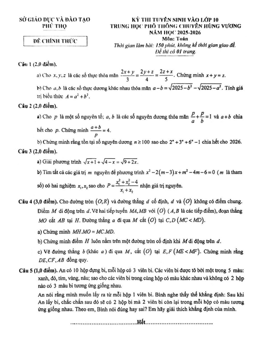 đề thi tuyển sinh Toán vào lớp 10 Chuyên trường THPT Chuyên Hùng Vương (Phú Thọ) năm 2025