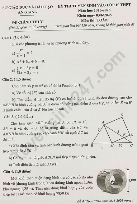 Đề chính thức thi Toán vào lớp 10 An Giang năm 2025