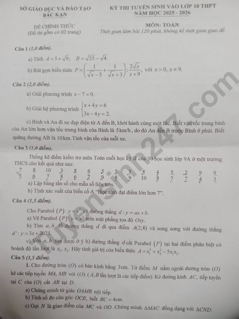 Đề chính thức thi Toán vào lớp 10 Bắc Kạn năm 2025