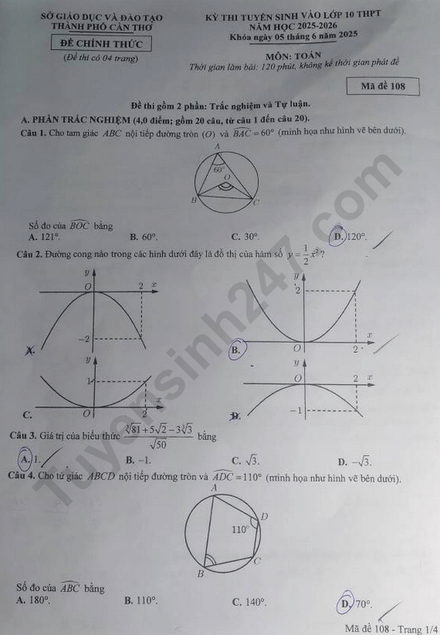 Đề chính thức thi Toán vào lớp 10 Cần Thơ năm 2025