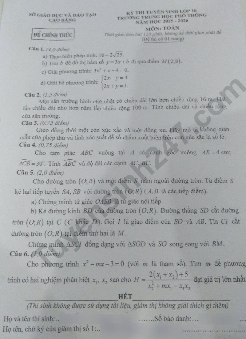 Đề chính thức thi Toán vào lớp 10 Cao Bằng năm 2025