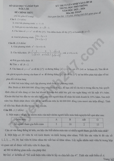 Đề chính thức thi Toán vào lớp 10 Đắk Lắk năm 2025