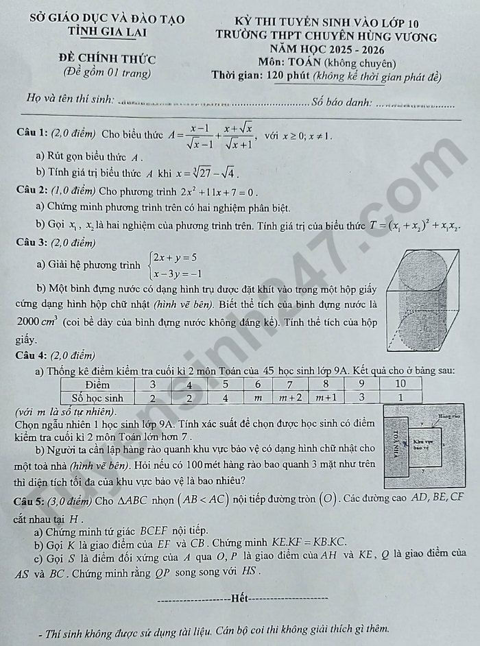 Đề chính thức thi Toán vào lớp 10 Gia Lai năm 2025