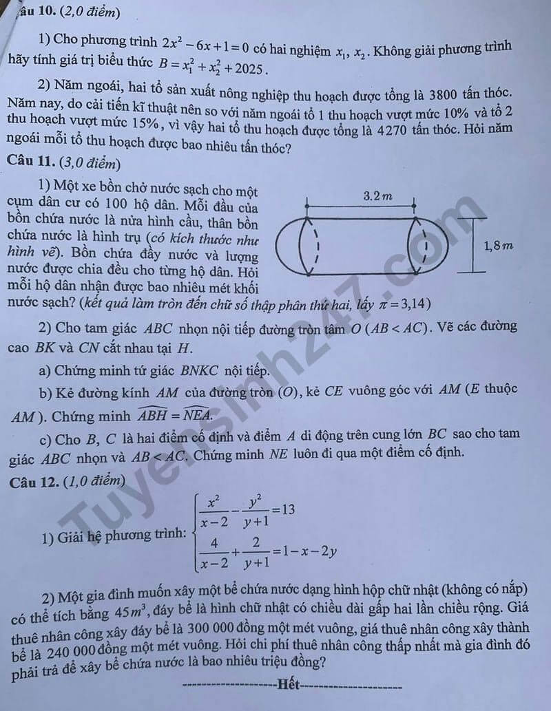 Đề chính thức thi Toán vào lớp 10 Hòa Bình năm 2025