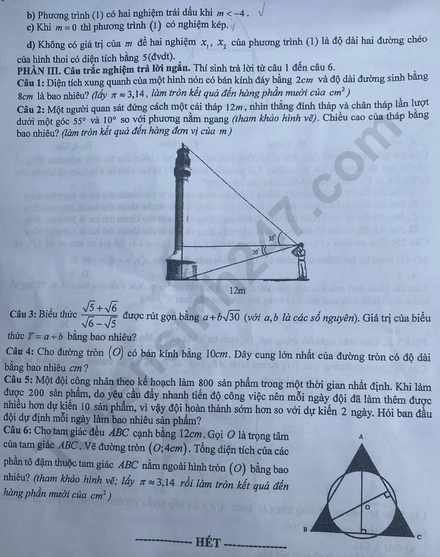Đề chính thức thi Toán vào lớp 10 Hưng Yên năm 2025