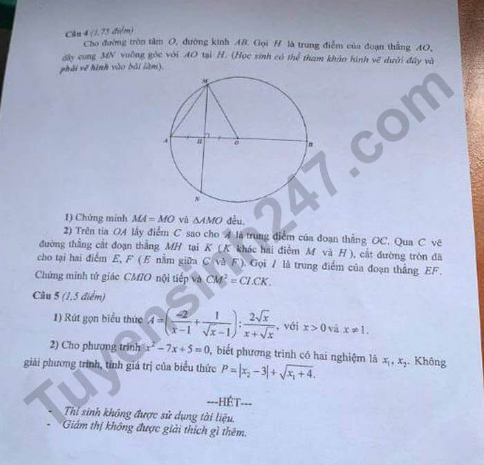 Đề chính thức thi Toán vào lớp 10 Kon Tum năm 2025