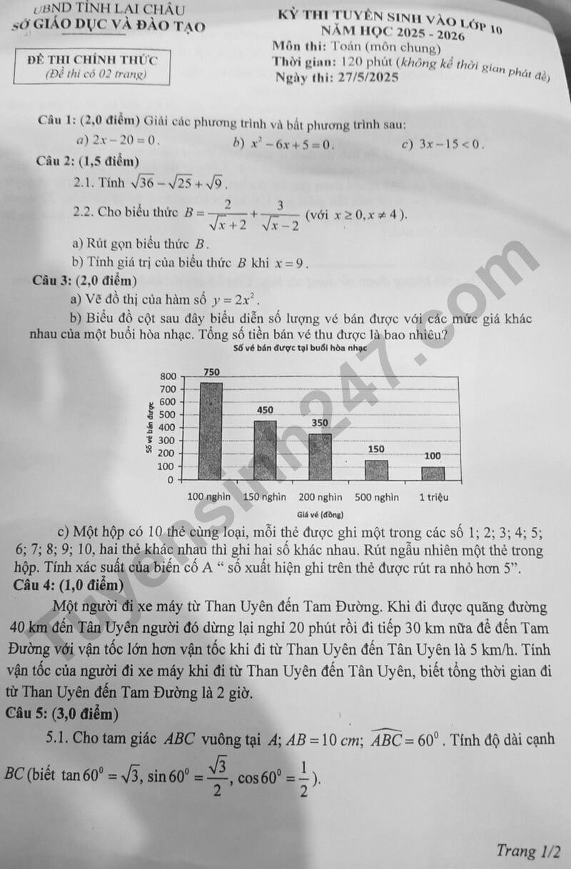 Đề chính thức thi Toán vào lớp 10 Lai Châu năm 2025