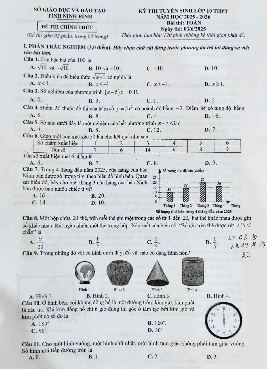 Đề chính thức thi Toán vào lớp 10 Ninh Bình năm 2025
