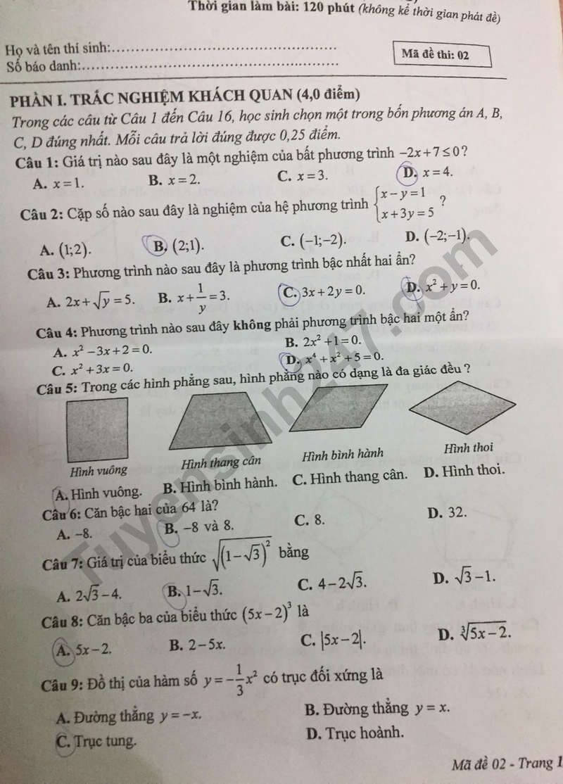 Đề chính thức thi Toán vào lớp 10 Quảng Bình năm 2025