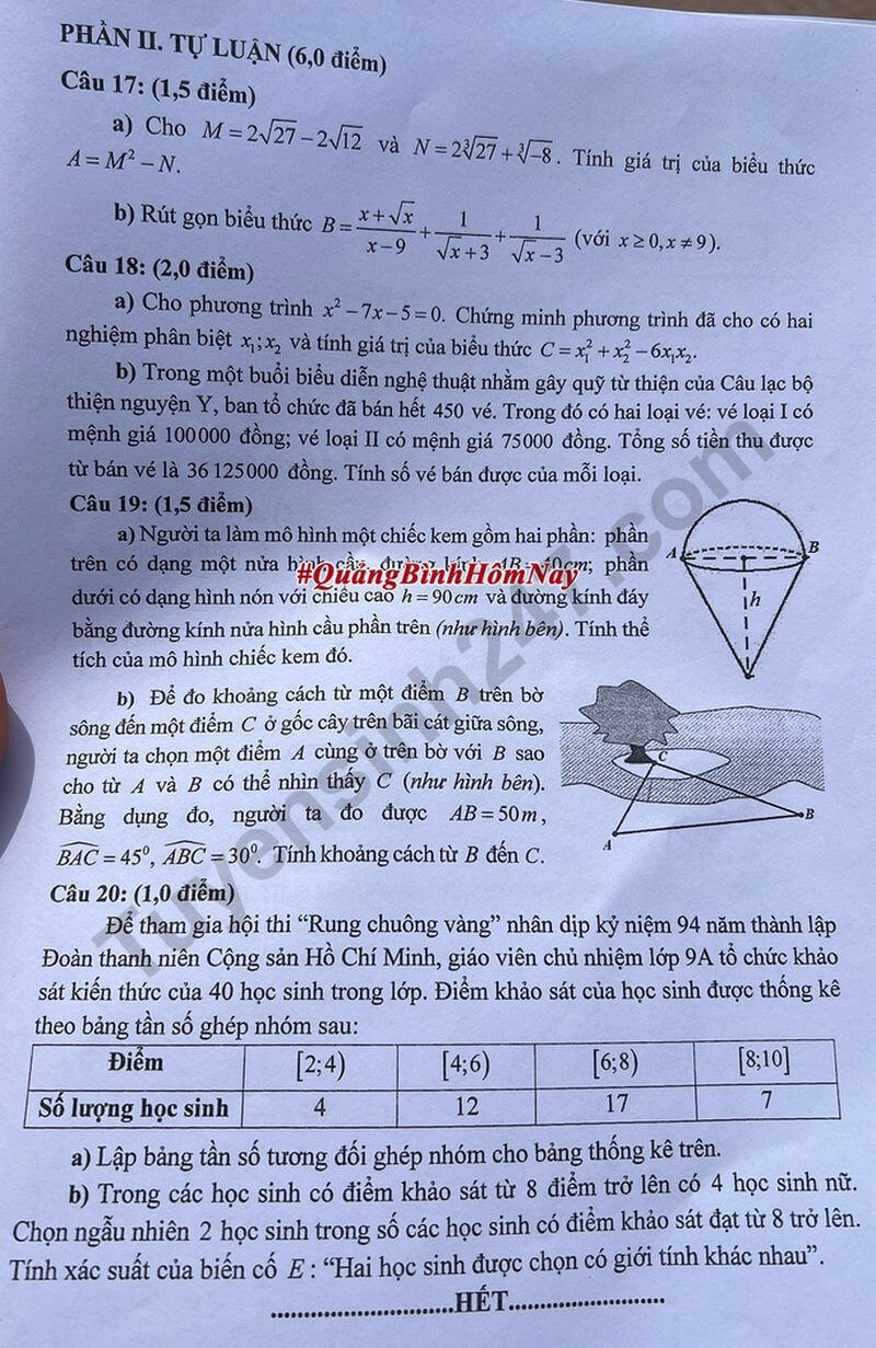 Đề chính thức thi Toán vào lớp 10 Quảng Bình năm 2025