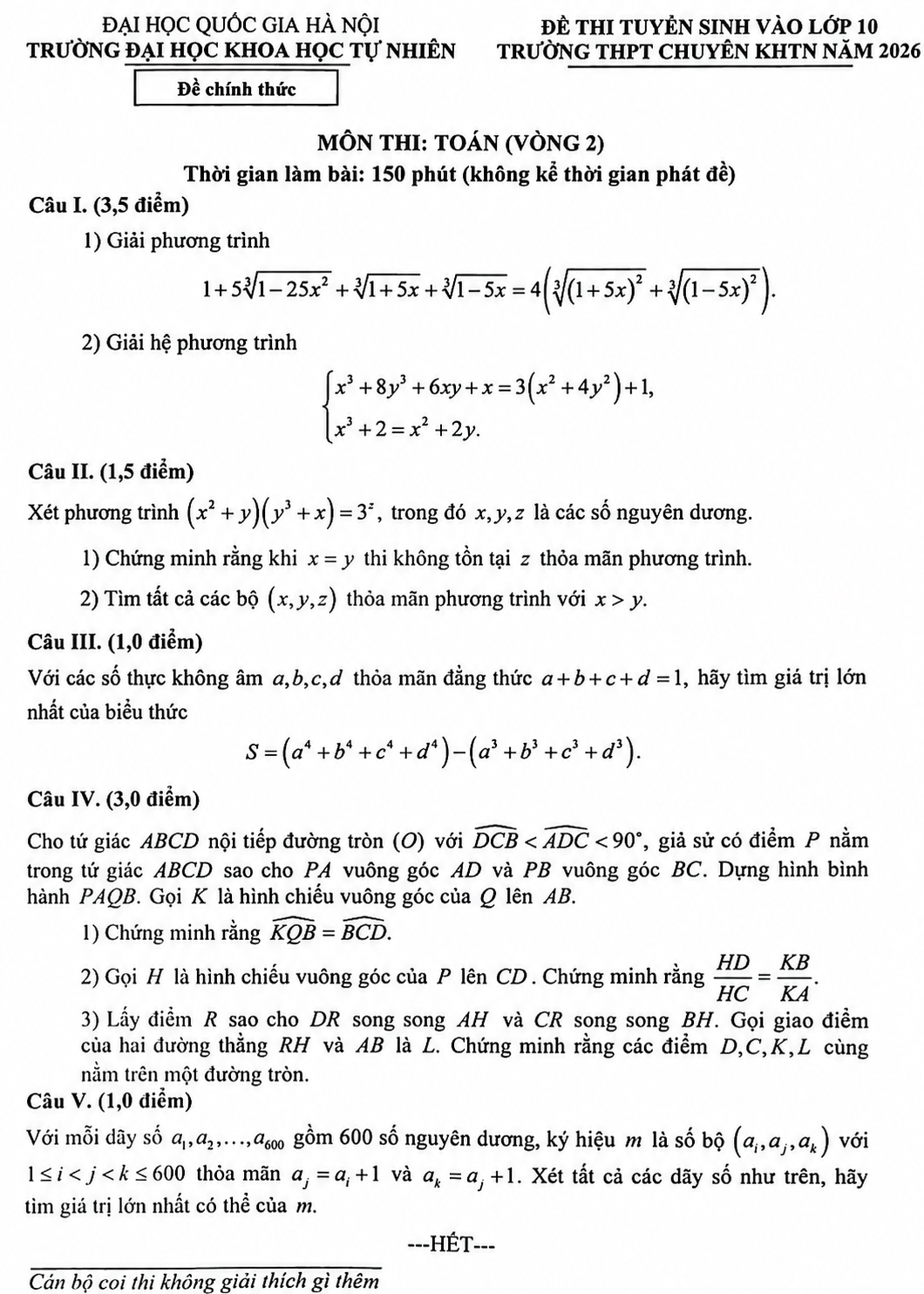 Đề tuyển sinh vào lớp 10 Toán trường THPT chuyên KHTN Hà Nội năm 2026 (vòng 2)