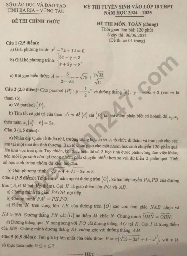 Đề thi vào 10 Toán Bà Rịa - Vũng Tàu năm 2024 (chính thức)