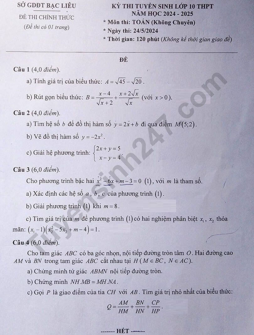 Đề thi vào 10 Toán Bạc Liêu năm 2024 (chính thức)