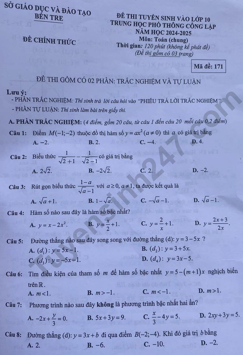 Đề thi vào 10 Toán Bến Tre năm 2024 (chính thức)