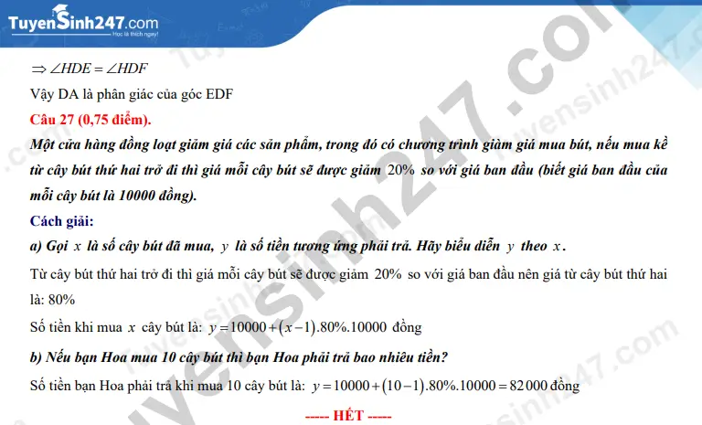 Đề thi vào 10 Toán Bến Tre năm 2024 (chính thức)