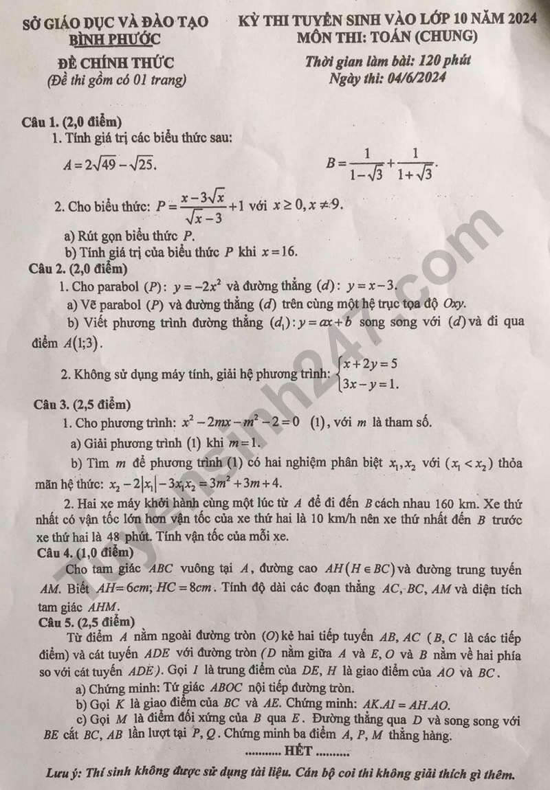 Đề thi vào 10 Toán Bình Phước năm 2024 (chính thức)