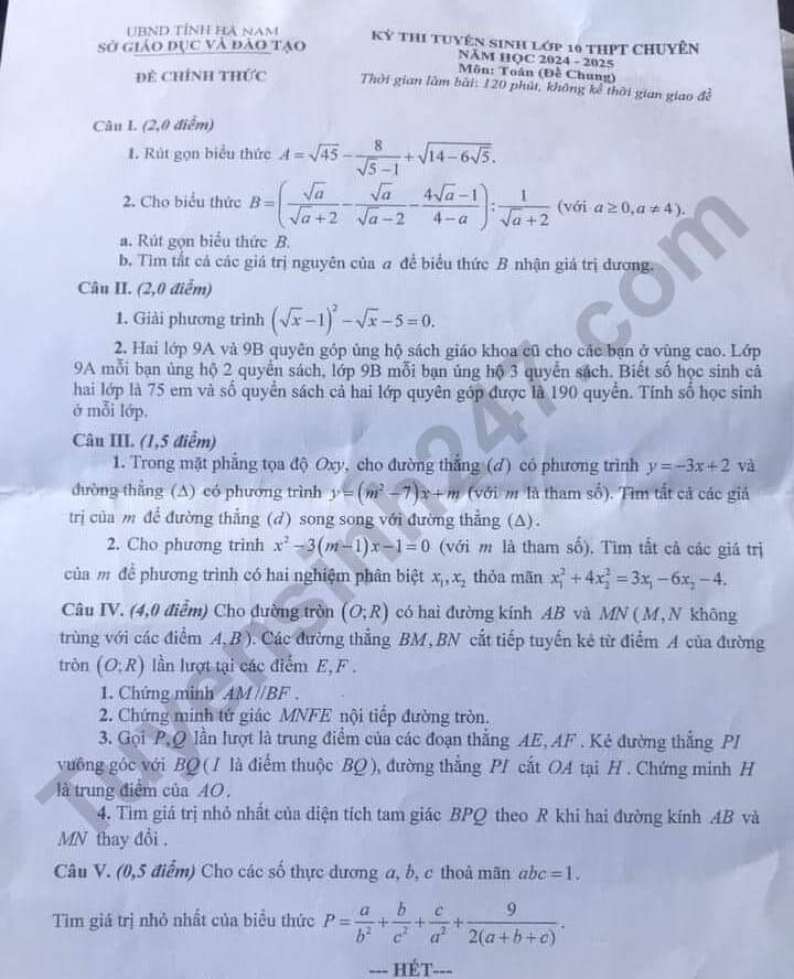 Đề thi Toán chung vào 10 THPT Chuyên Biên Hòa (Hà Nam) năm 2024