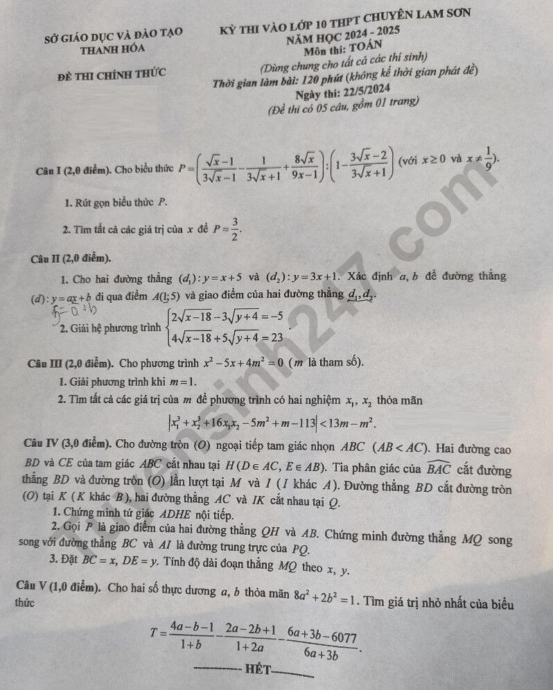 Đề thi Toán chung vào 10 THPT Chuyên Lam Sơn (Thanh Hóa) năm 2024 (chính thức)