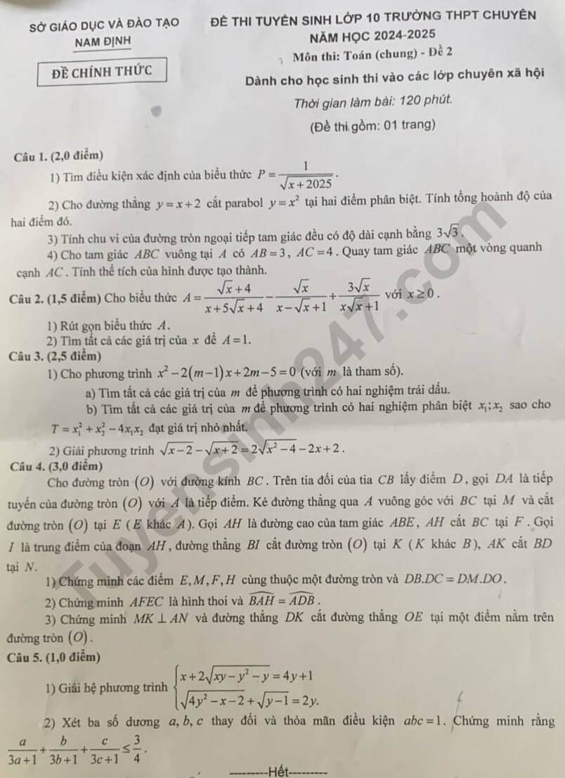 Đề thi Toán chung vào 10 THPT Chuyên Lê Hồng Phong (Nam Định) năm 2024 (đề 2) (có đáp án)