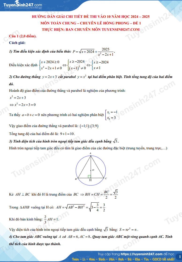 Đề thi Toán chung vào 10 THPT Chuyên Lê Hồng Phong (Nam Định) năm 2024 (đề 1) (chính thức)