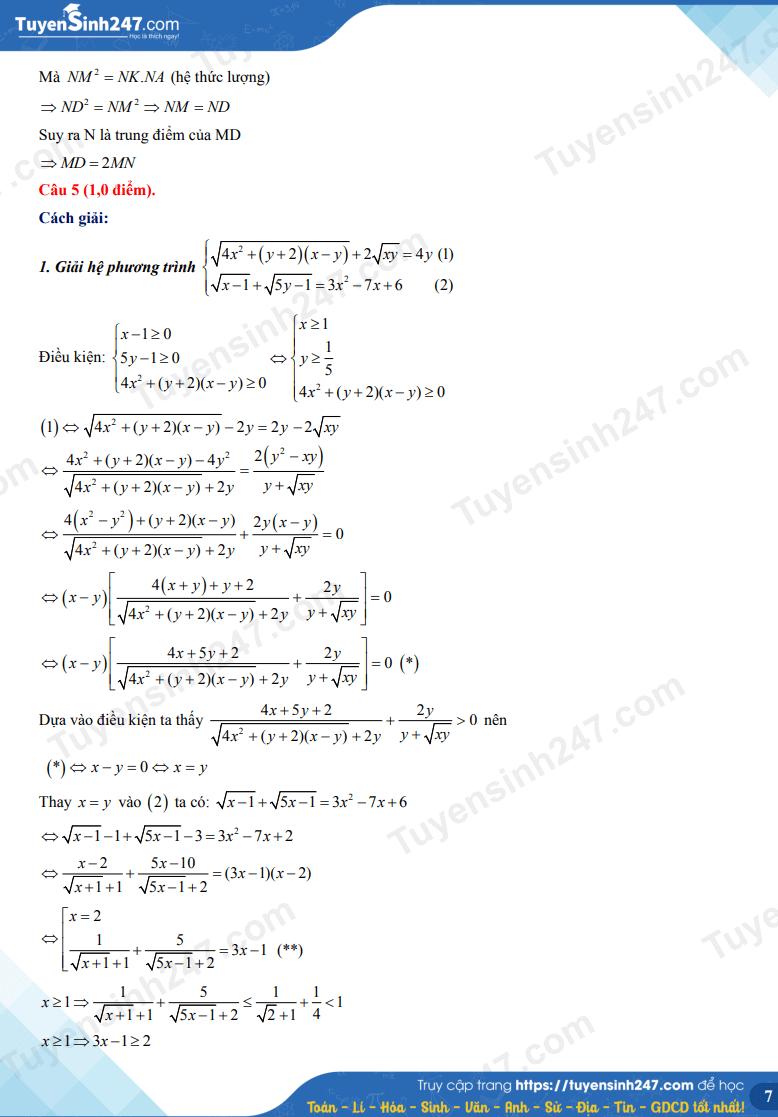 Đề thi Toán chung vào 10 THPT Chuyên Lê Hồng Phong (Nam Định) năm 2024 (đề 1) (chính thức)