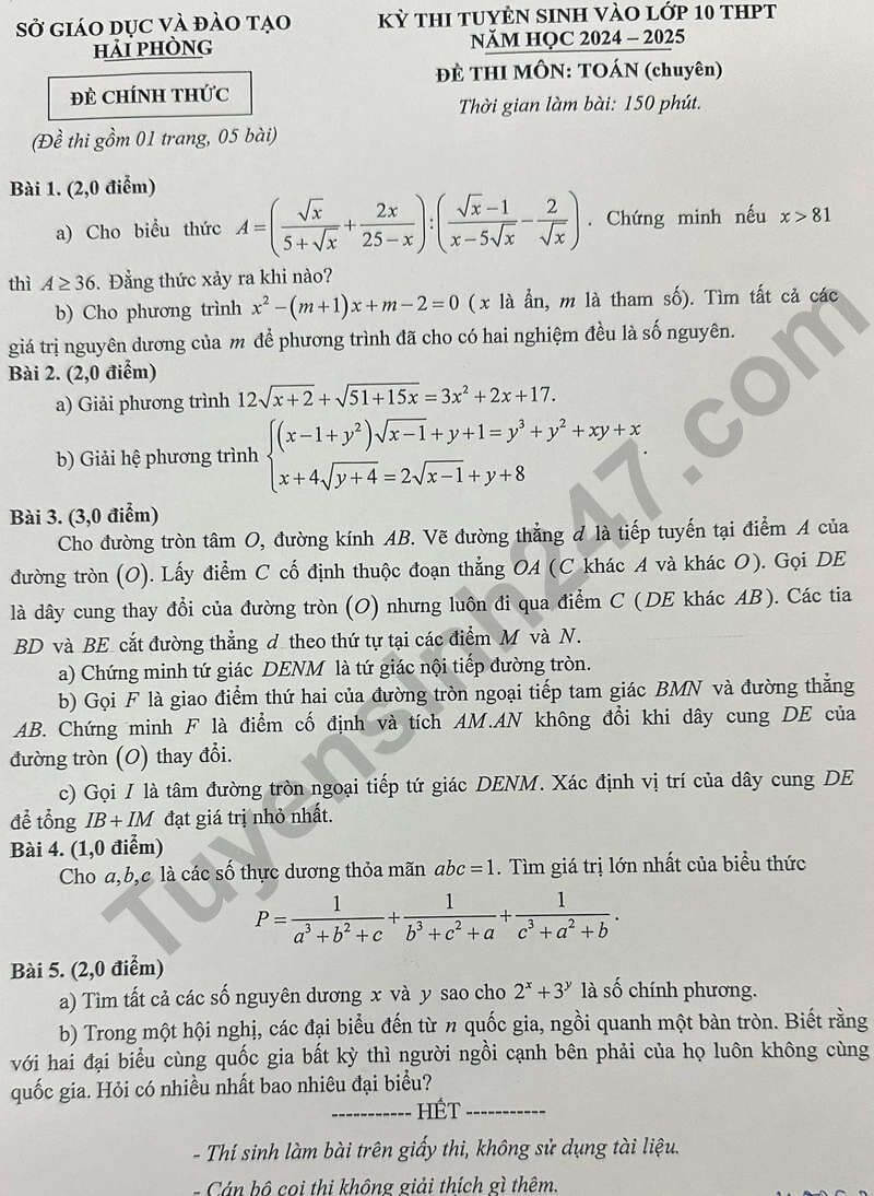 Đề thi vào 10 Toán chuyên Hải Phòng năm 2024