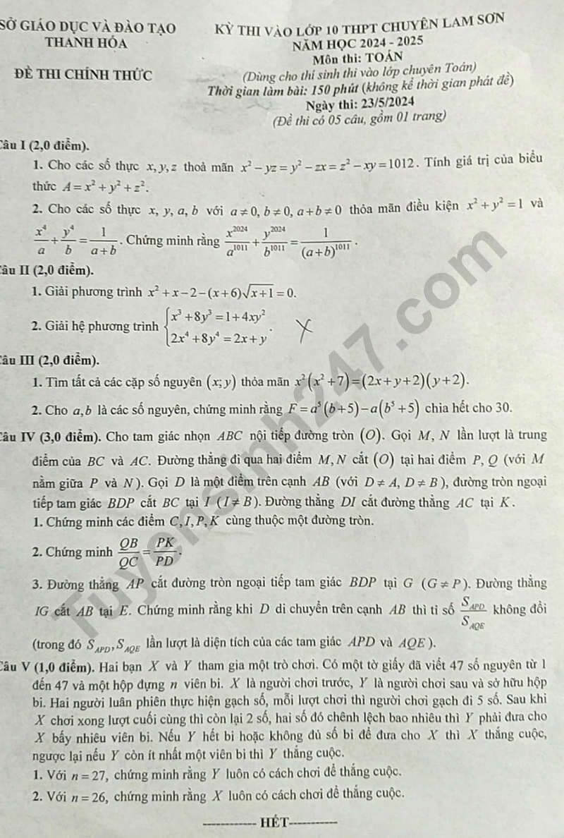 Đề thi vào 10 Toán chuyên Lam Sơn (Thanh Hóa) năm 2024