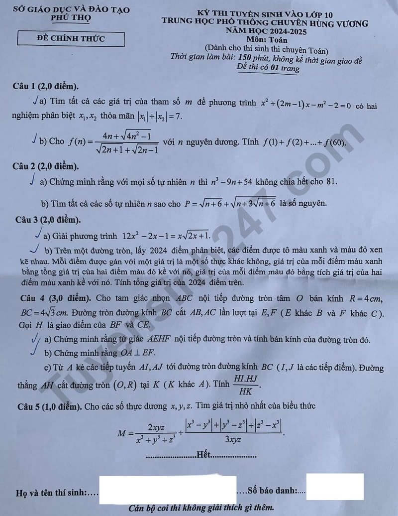 Đề thi vào 10 Toán chuyên Phú Thọ năm 2024