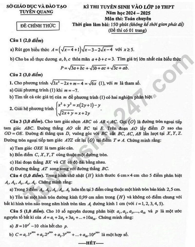 Đề thi vào 10 Toán chuyên Tuyên Quang năm 2024