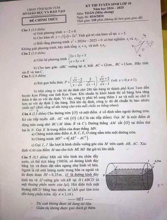 Đề thi vào 10 Toán Kon Tum năm 2024 (chính thức)