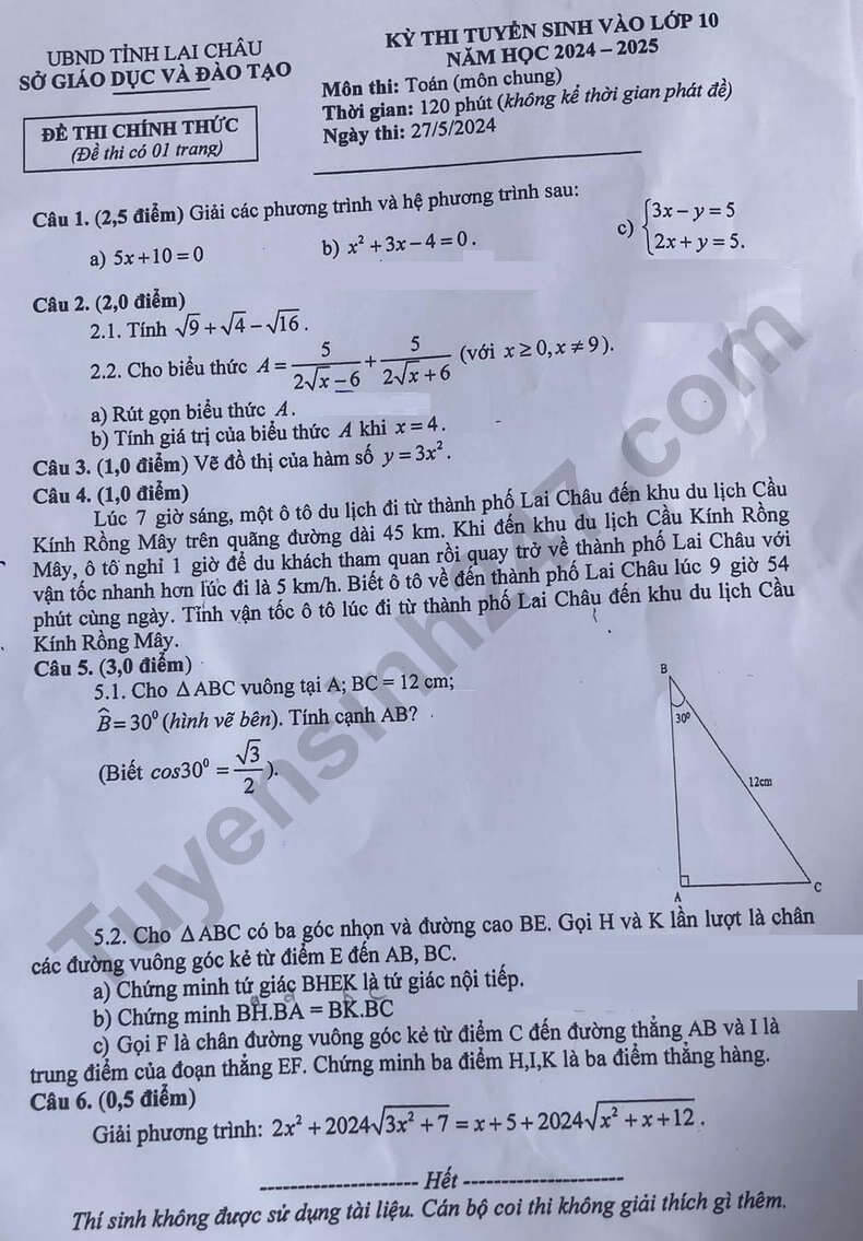 Đề thi vào 10 Toán Lai Châu năm 2024 (chính thức)